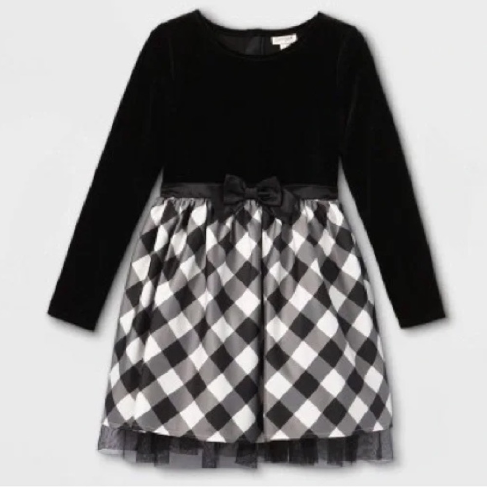 Girls’ velour Buffalo check long-sleeve dress - Cat & Jack - Black & White